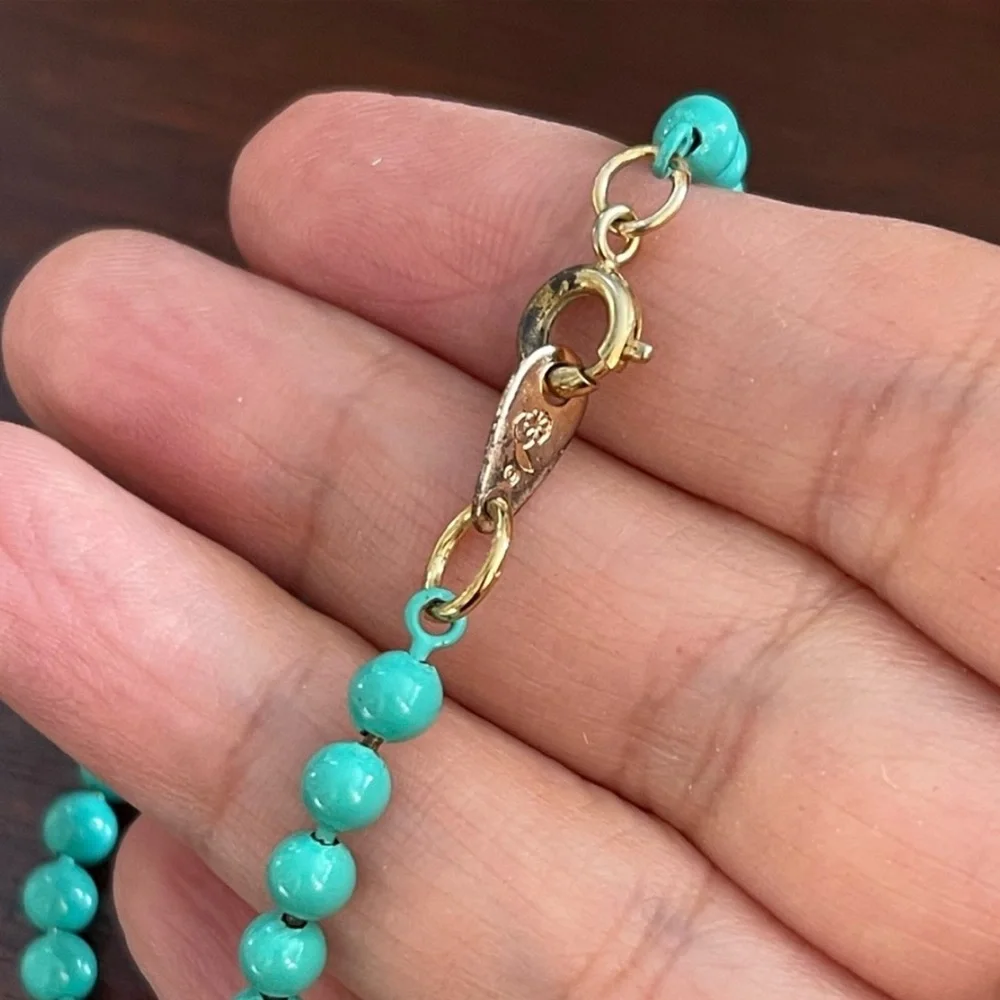 Turquoise blue enameled brass bead 26 inch necklace - Picture 5 of 6